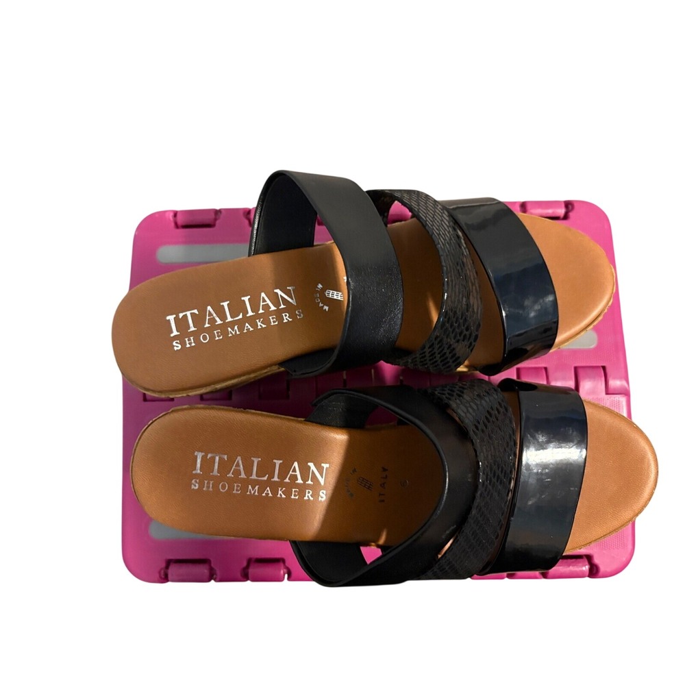 Italian Shoemakers Black Platform Wedge Sandals Women's Size 6 Straps Vacay Cork - Picture 2 of 7